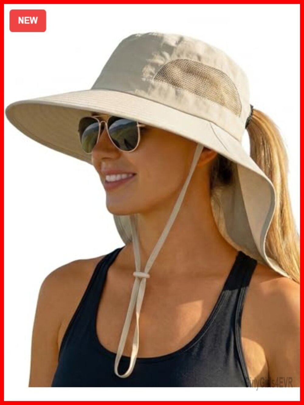 Wide Brim Bucket Hat with Ponytail Hole & Neck Cover, Upf 50+